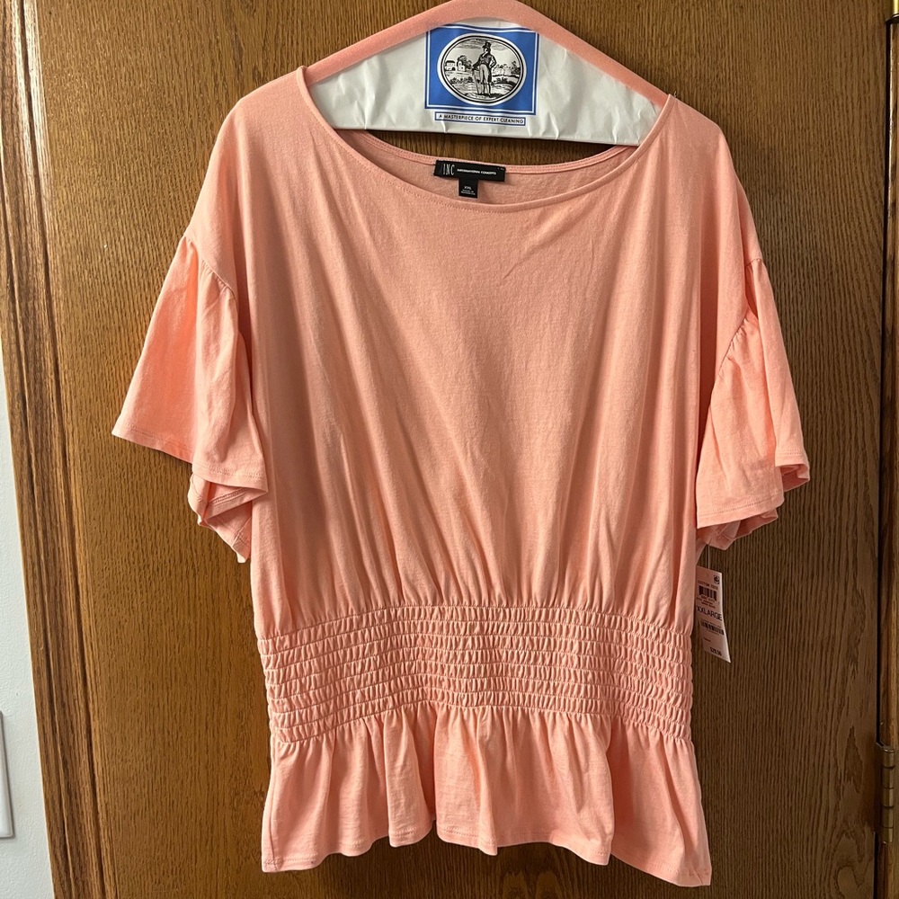 INC International Concepts Peach Flutter Sleeve Smocked Blouse
